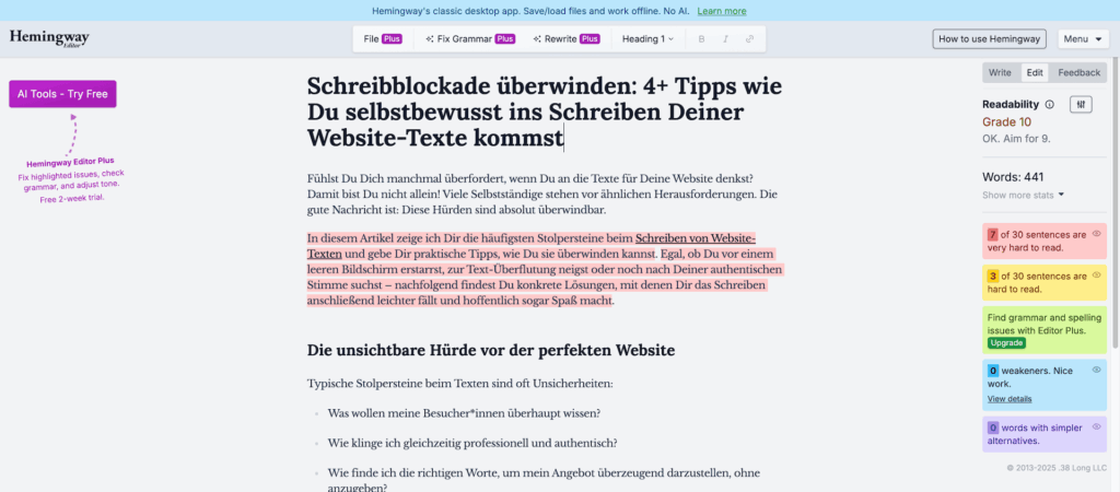 Jenny Jaumann - WordPress Webdesign - Website-Texte Hemingway App